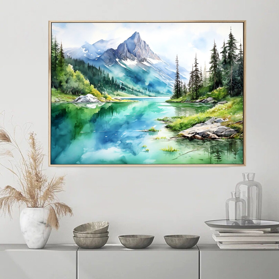 Majestic Mountain Lake Watercolor Art Print - Image 2