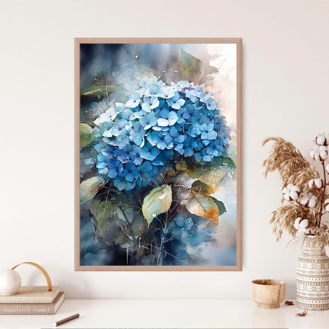 Blue Hydrangea Flower Head Lush Botanical Watercolor Floral Poster - Image 3