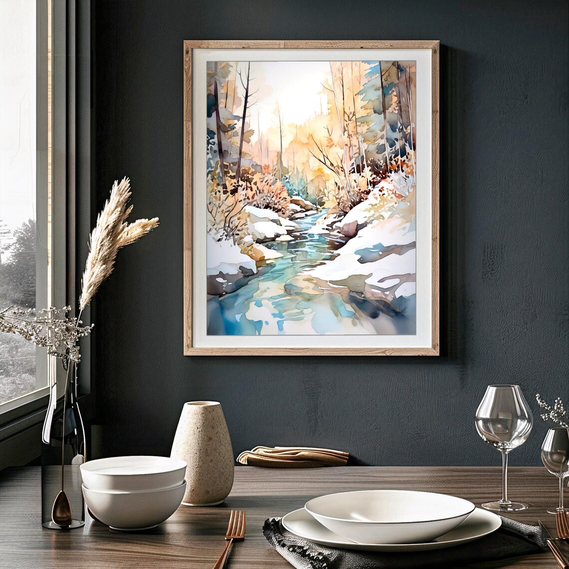 Winter Forest Stream Snow Covered Banks Watercolor Art Poster - Image 2
