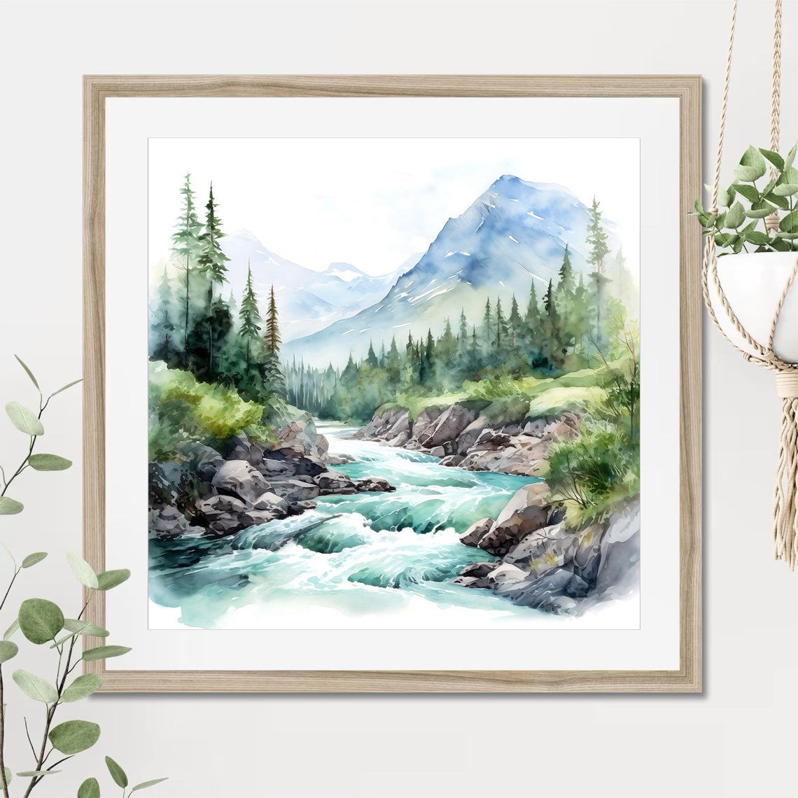 Turquoise Rapids Watercolor with Pine Forest and Blue Mountain Poster - Image 3