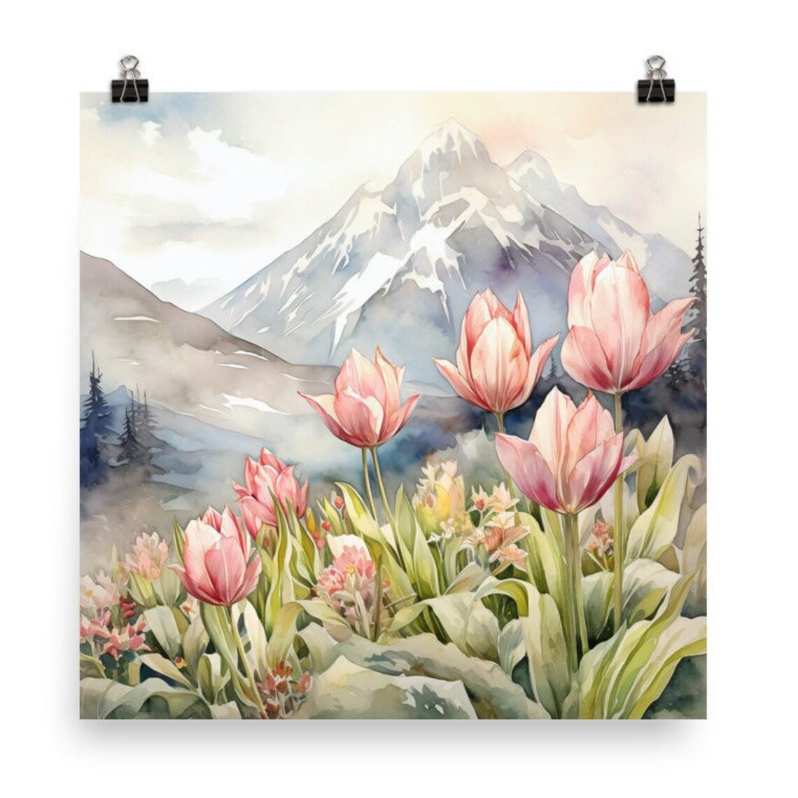 Tulips Flowers Alaska Mountain Landscape Watercolor Art Print - Image 5