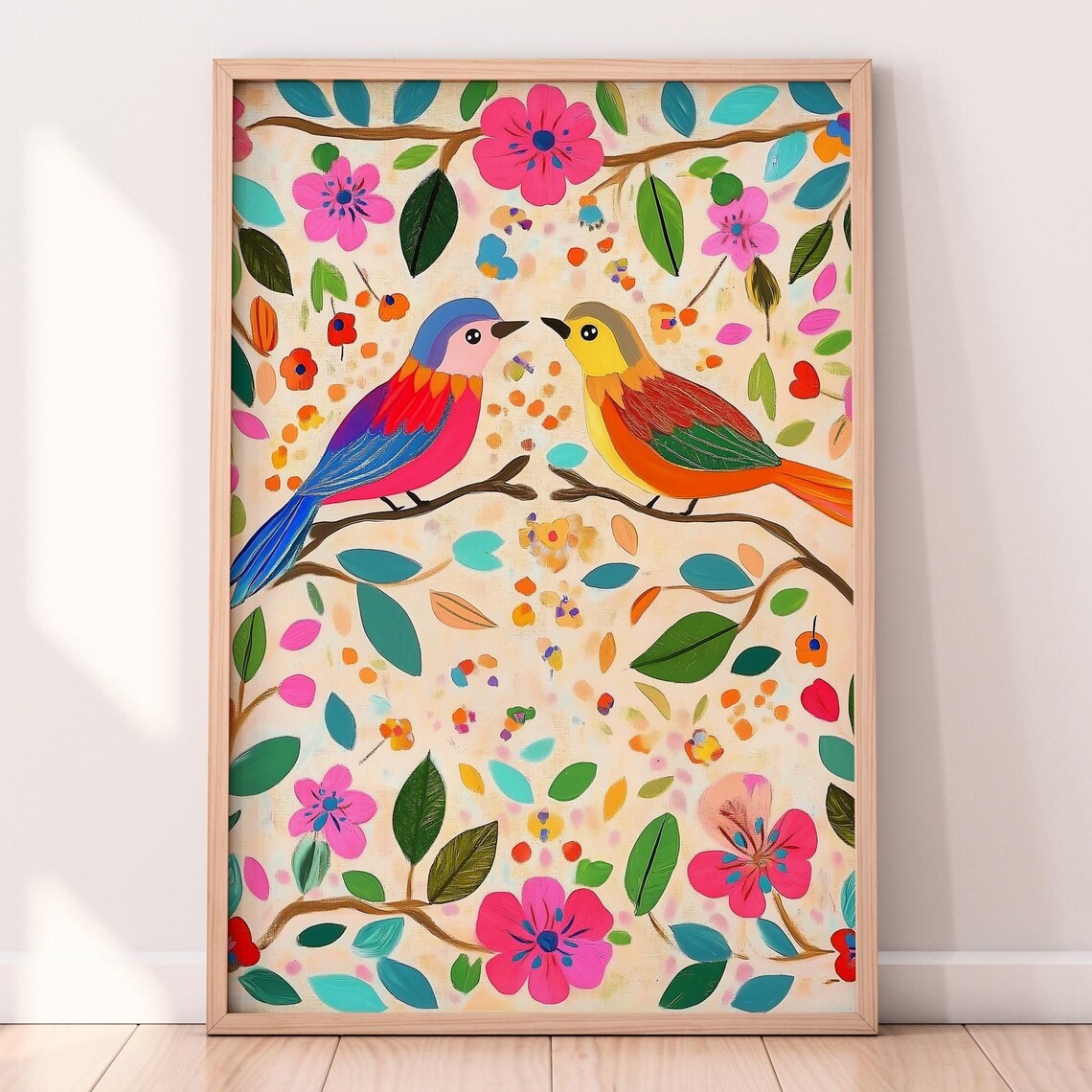 Two Colorful Birds on Pink Blossom Branch Folk Art Spring Poster