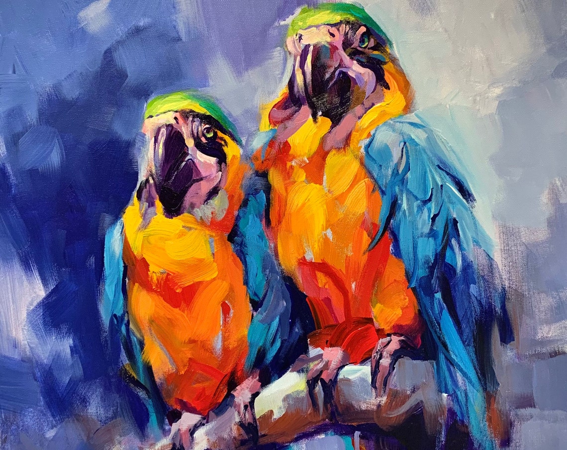Two Blue And Yellow Macaws Vibrant Tropical Parrot Painting Poster