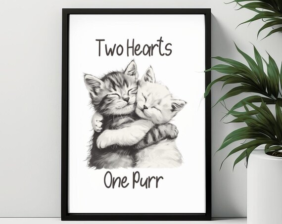 Two Hearts One Purr Hugging Kittens Cat Lover Anniversary Gift Poster