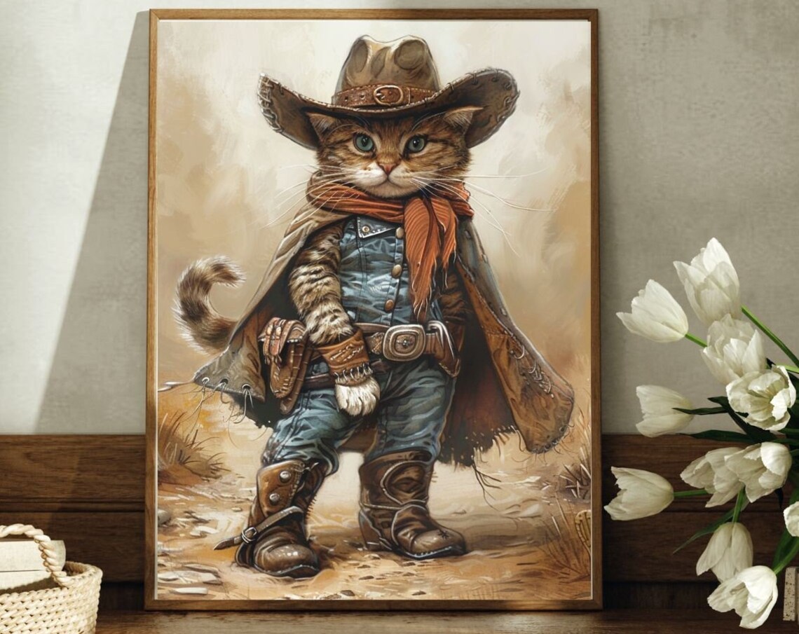 Cowboy Kitten in Boots and Hat Western Desert Cat Portrait Poster - Image 2