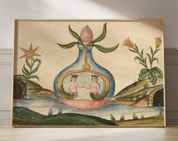 Vintage Alchemy Drawing Art Print Antique Mermaids Painting Ancient Poster Alchemist Occult Science Gothic Decor Medieval Clavis Artis