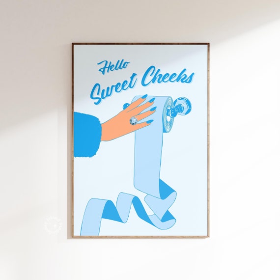 Cute Restroom Prints Hello Sweet Cheeks Print Trendy Bathroom Decor Wall Art Baby Blue Unframed