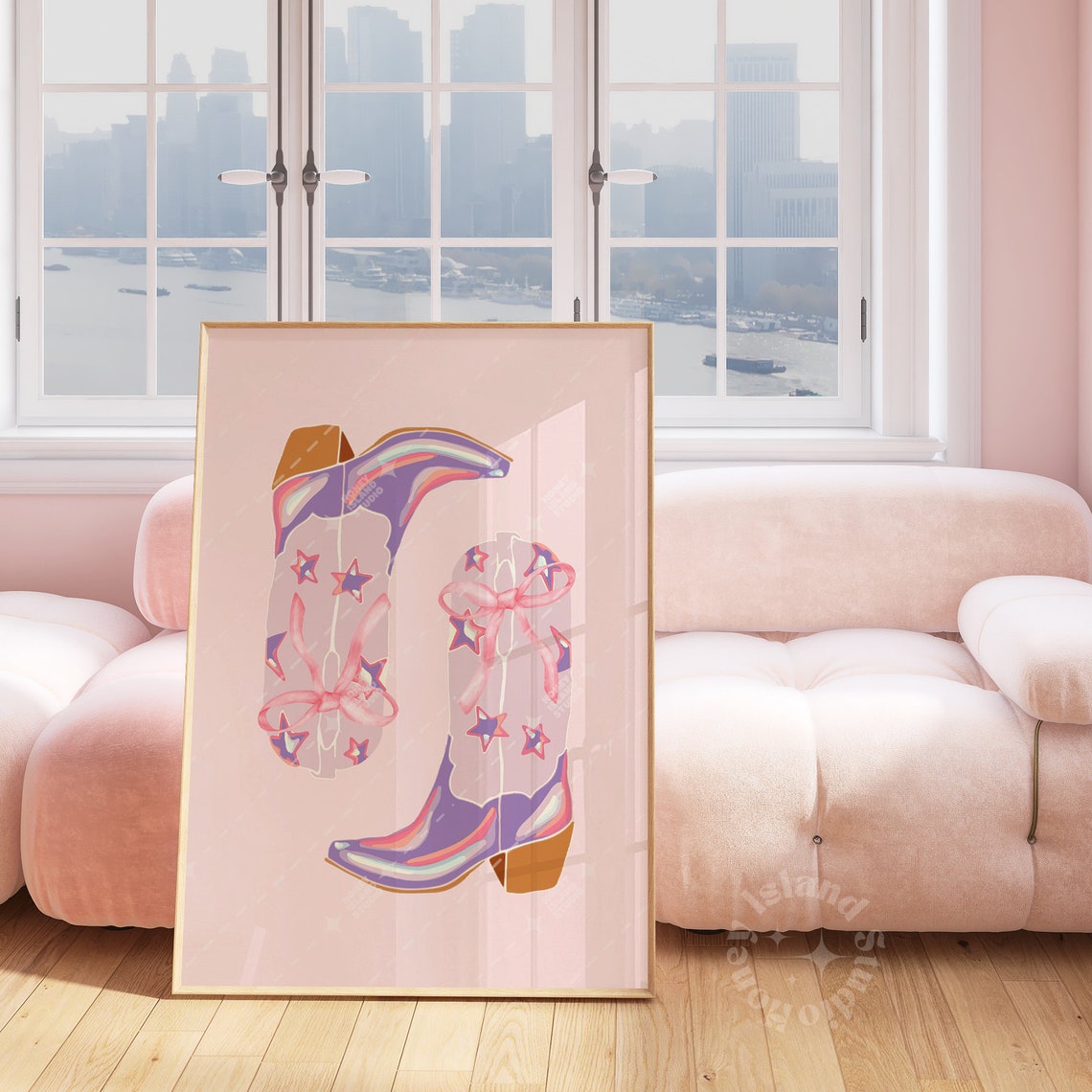 Cowgirl Boots Pink Coquette Watercolor Star Bow Wall Art Decor