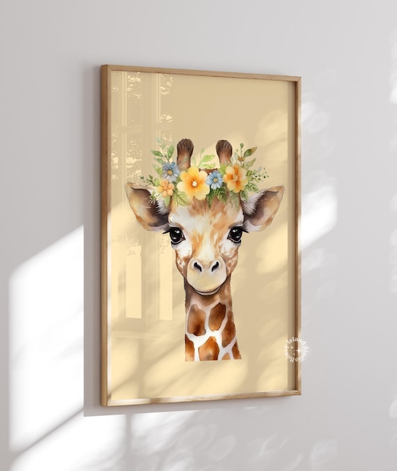 Giraffe Flower Crown Print Pastel Nursery Wall Art Unframed