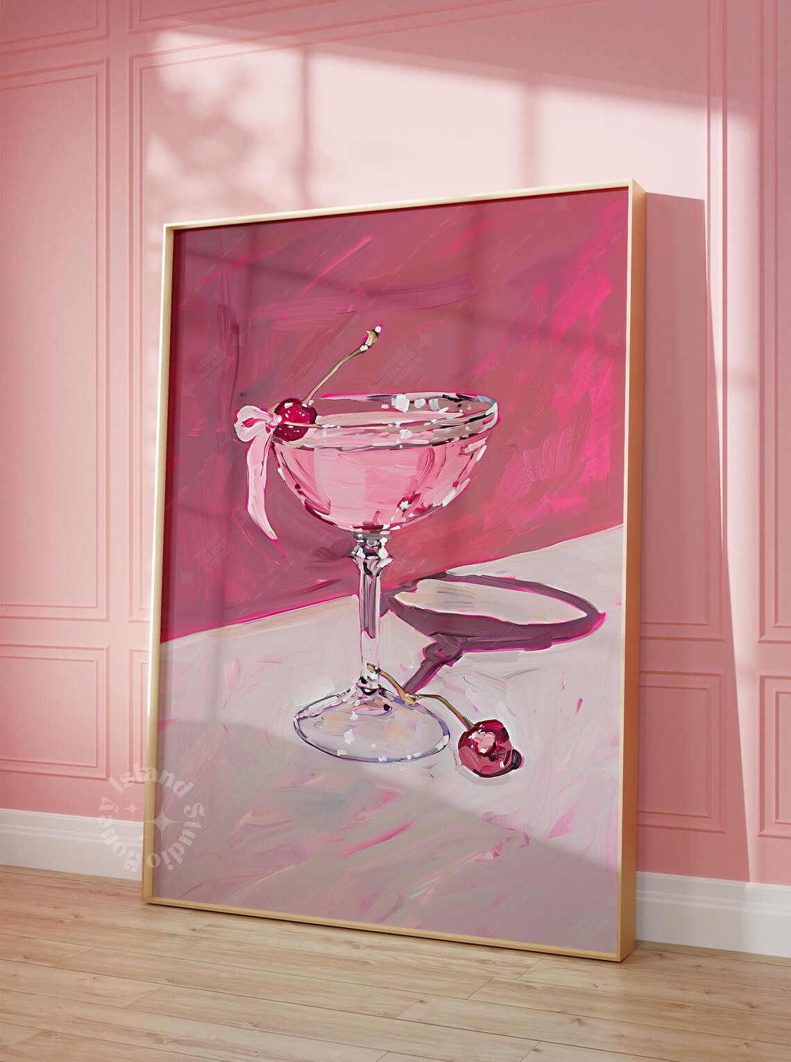 Cocktail Glass Painting Cherry Pink Art Print