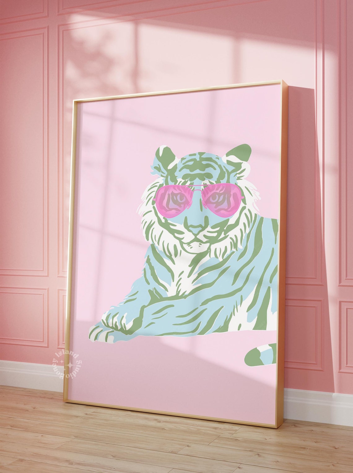 Sage Green Tiger With Pink Sunglasses Preppy Cool Funny Wall Art