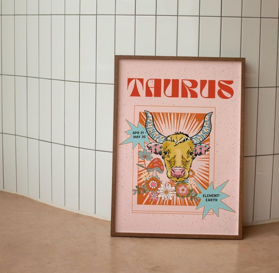 Taurus Zodiac Retro Poster Art Print, Wall Decor
