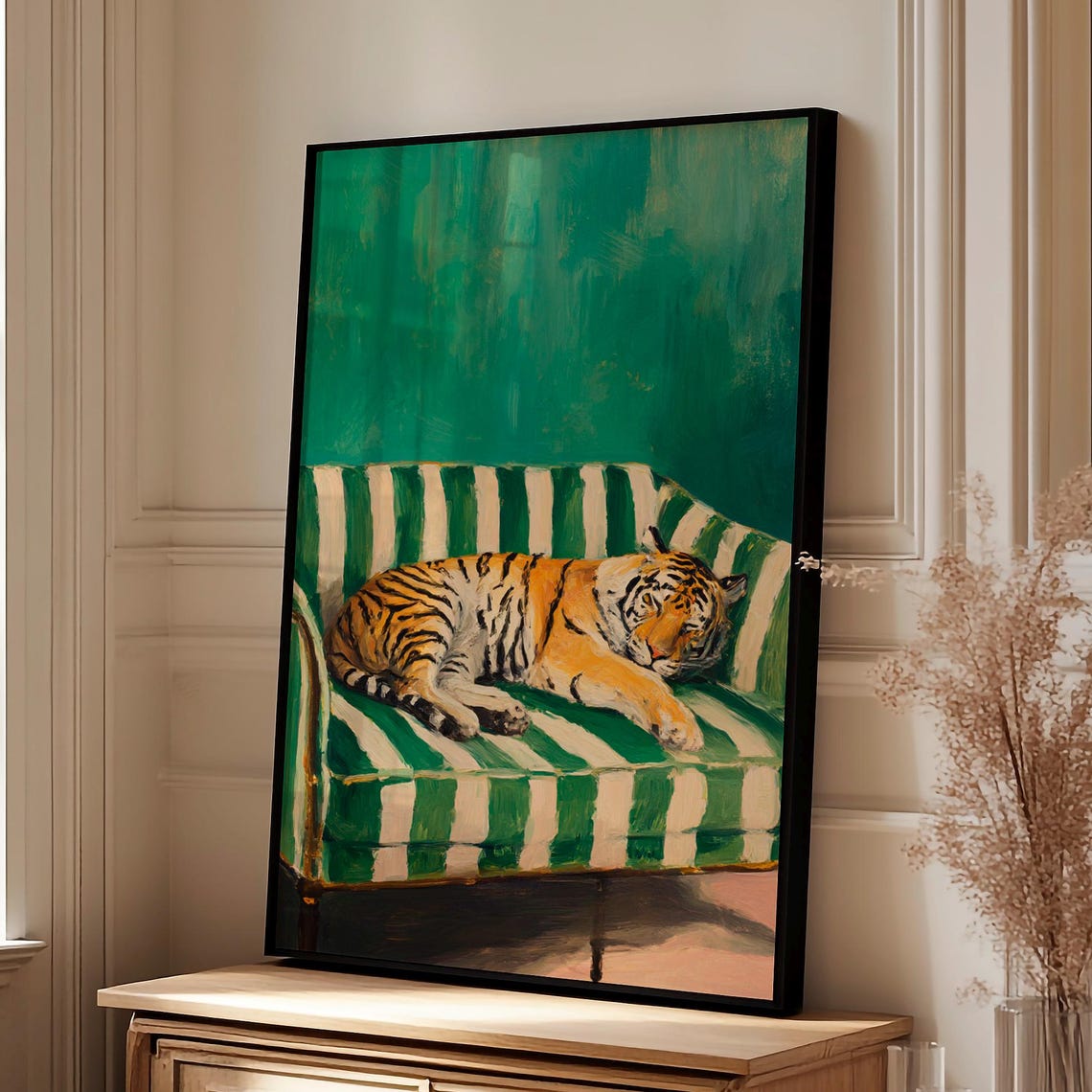 Tiger Napping on Green Striped Sofa Painterly Animal Art Print