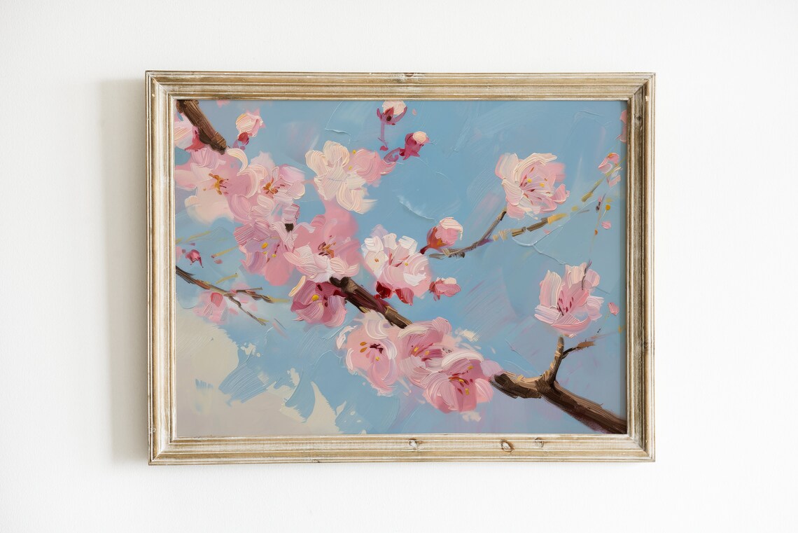 Cherry Blossom Print, Girly Pink and Blue Decor