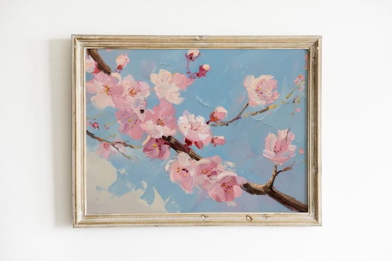 Cherry Blossom Print, Girly Pink and Blue Decor