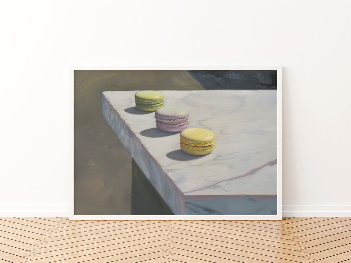 Three Colorful Macarons on Marble Table Oil Painting Dessert Poster - Image 3