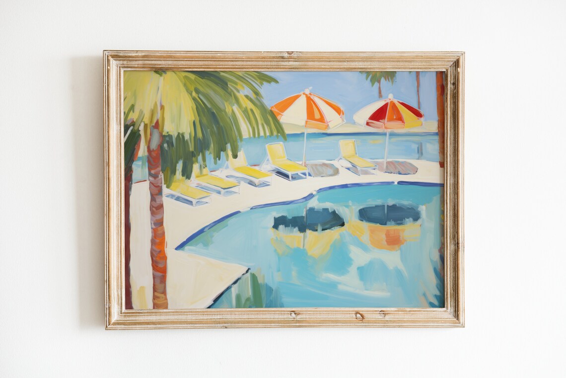 Preppy Swimming Pool Print, Coastal Bathroom Wall Art