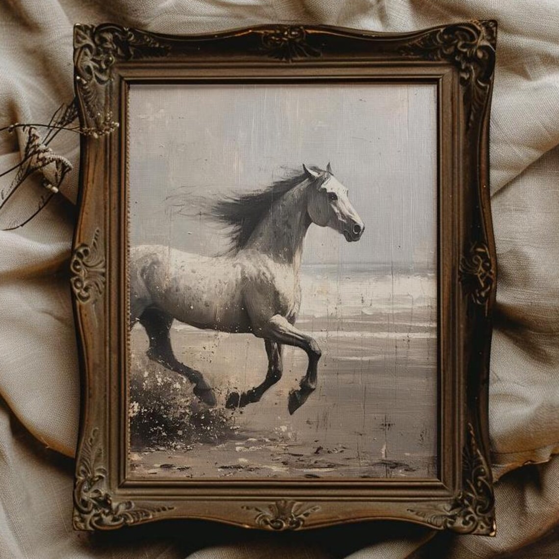 Grey Horse Galloping On A Misty Beach Vintage Coastal Poster