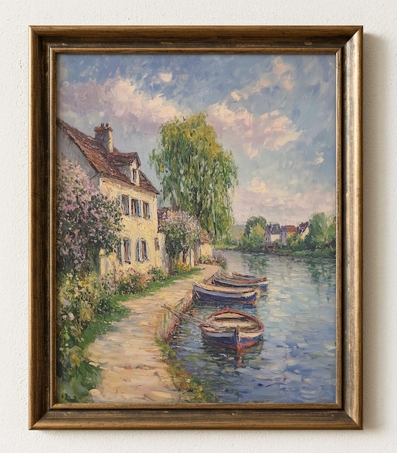 Normandy Village Riverside Cottage Boats Vintage Oil Art Print
