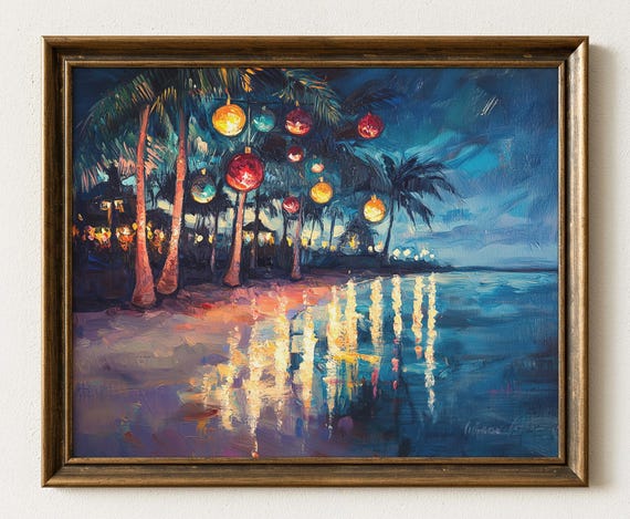 Tropical Sunset Beach Print Palm Trees Lanterns 655