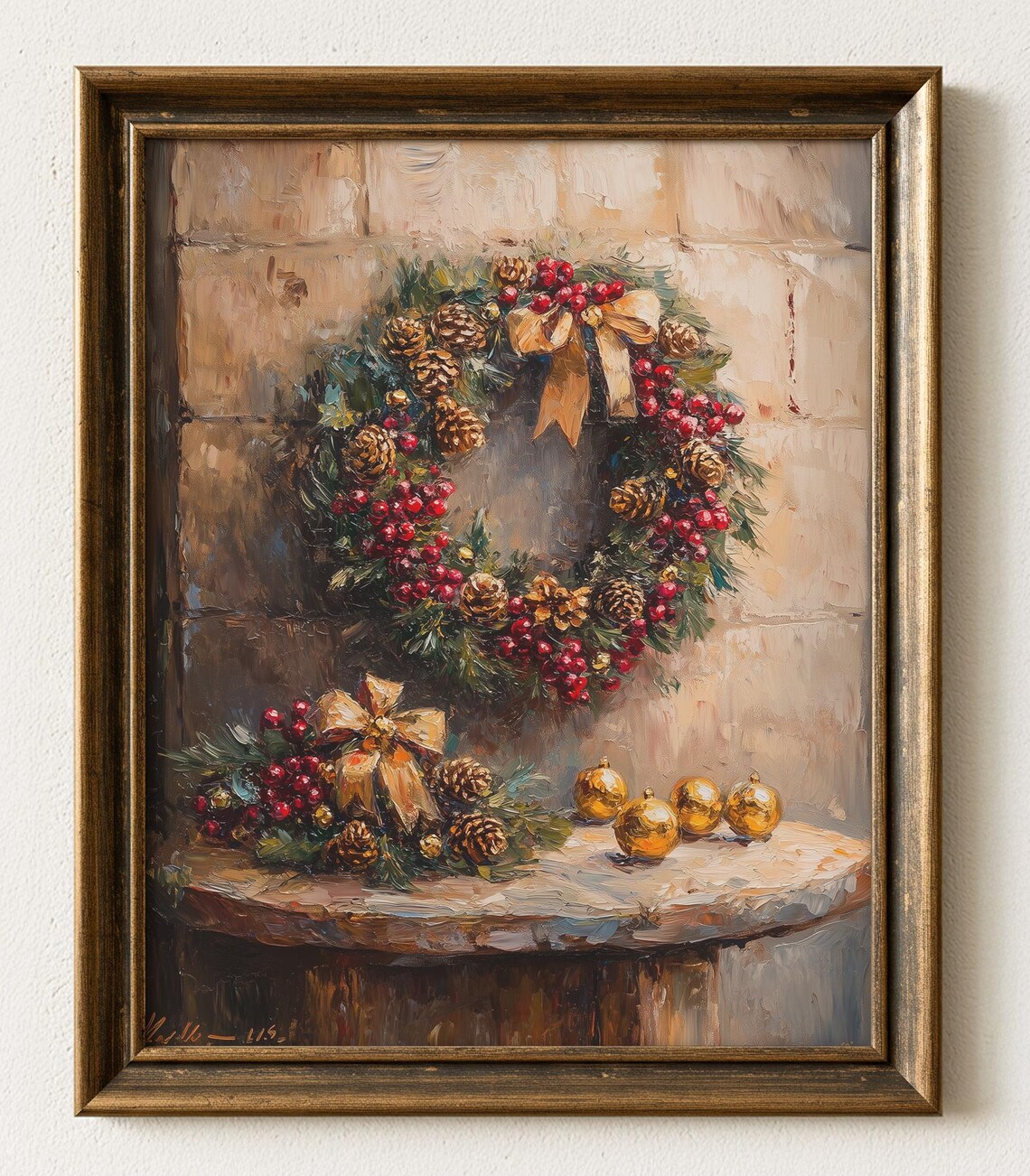 Vintage Christmas Wreath Oil Painting Print Rustic Holiday Wall Art 677