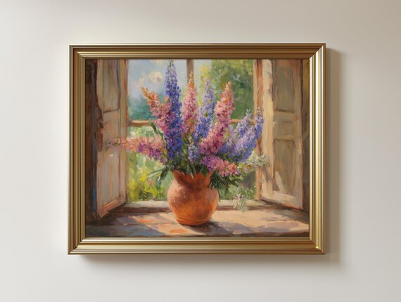 Cottage Window Floral Art Print Vintage Vase Painting 395