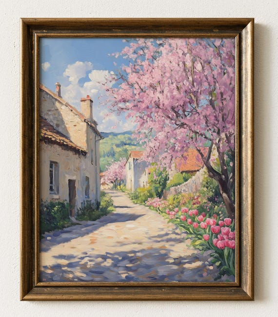 Cherry Blossom Village Painting Quaint Spring Landscape 975