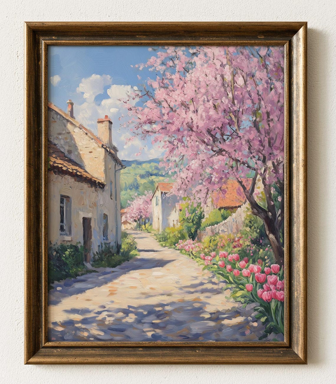 Cherry Blossom Lane with Stone Cottages Spring Impressionist Poster