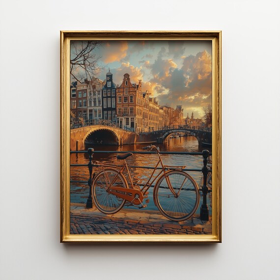 Amsterdam Canal At Sunset With Bicycle And Gabled Houses Art Poster