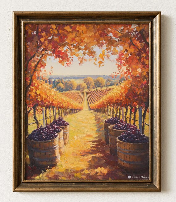 Autumn Vineyard Landscape Print Rustic Golden Harvest 574