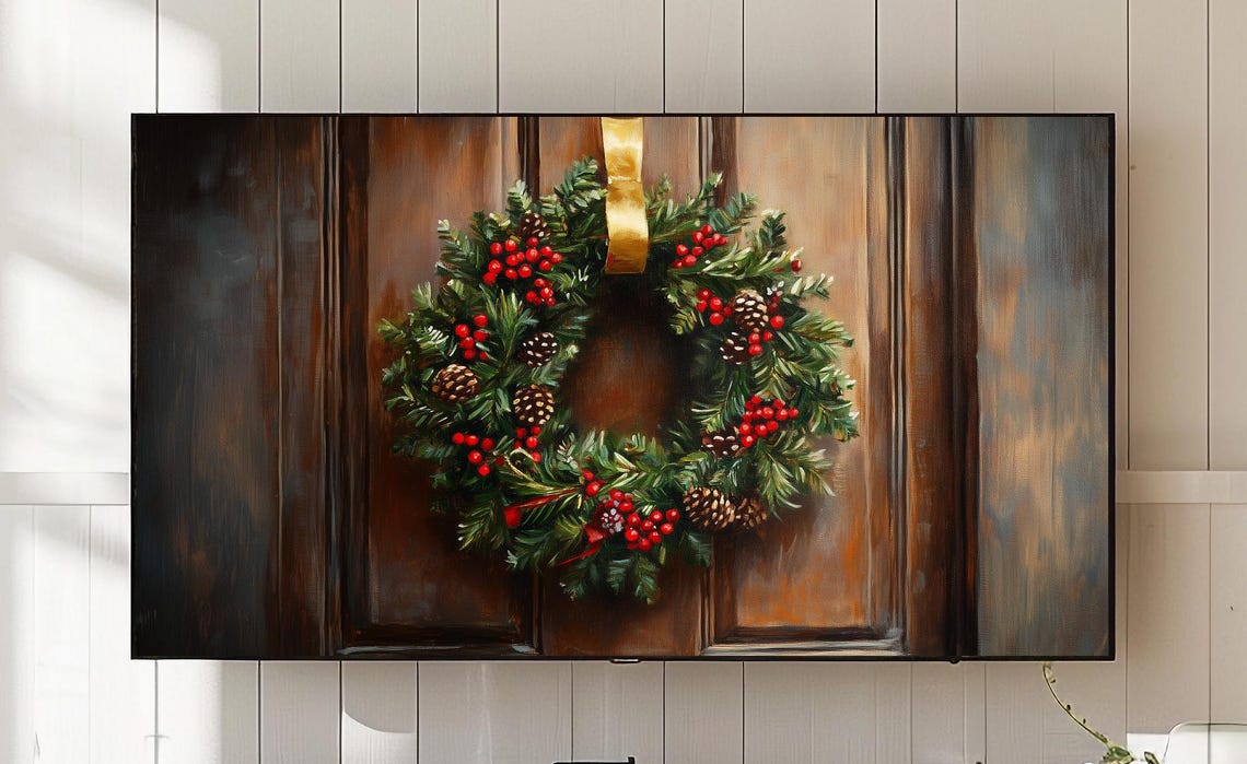 Rustic Christmas Wreath with Berries on Wooden Door Art Poster