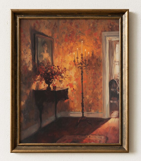 Victorian Parlor Oil Painting Autumn Interior Scene 691