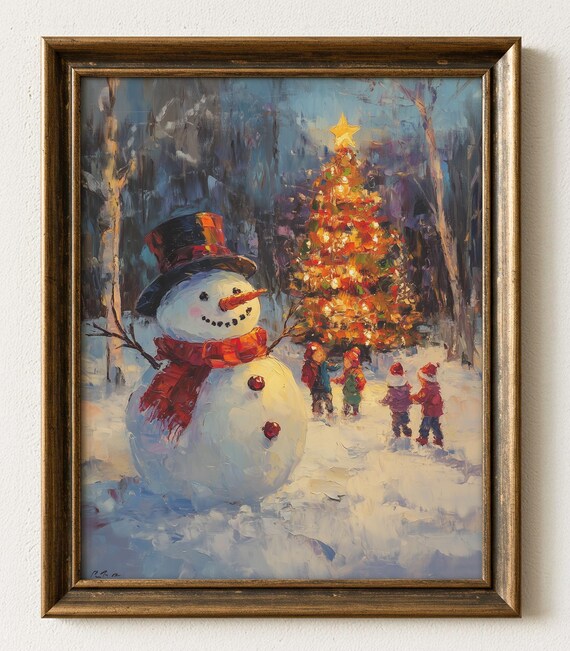 Cheerful Snowman With Top Hat Kids Around Lit Christmas Tree Poster