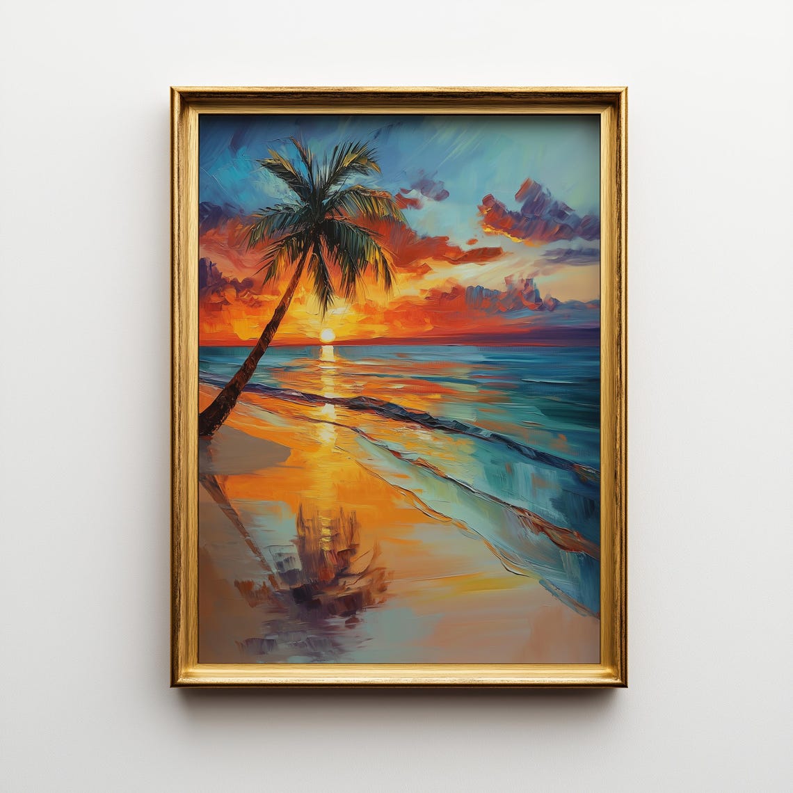 Tropical Beach Sunset Palm Tree Ocean Reflection Vivid Art Poster