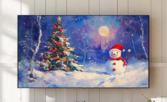 Vintage Snowman Christmas Tree Tv Art Snowy Winter Scene 784