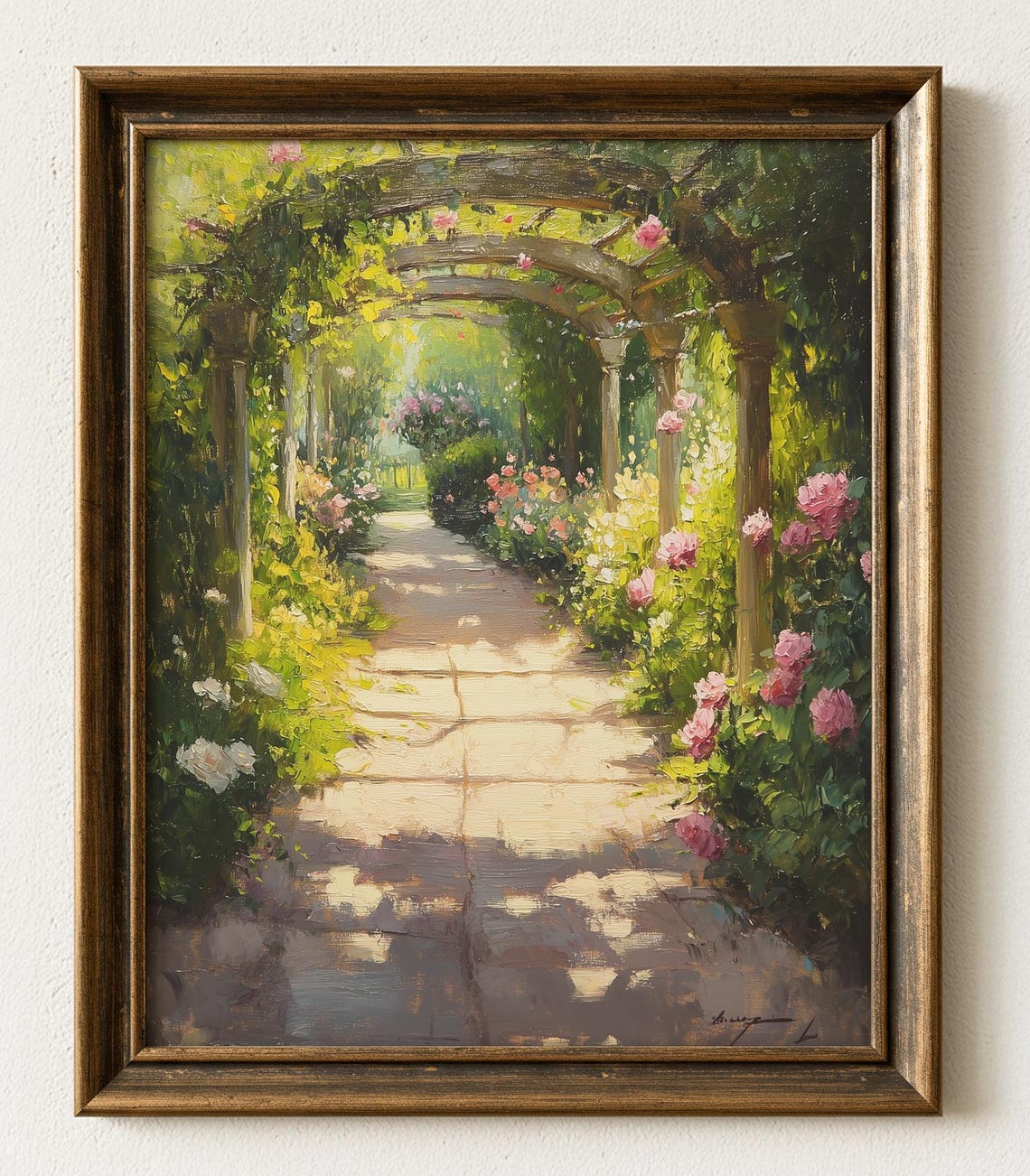 Sunlit Rose Garden Archway Oil Painting Floral Path Pergola Print