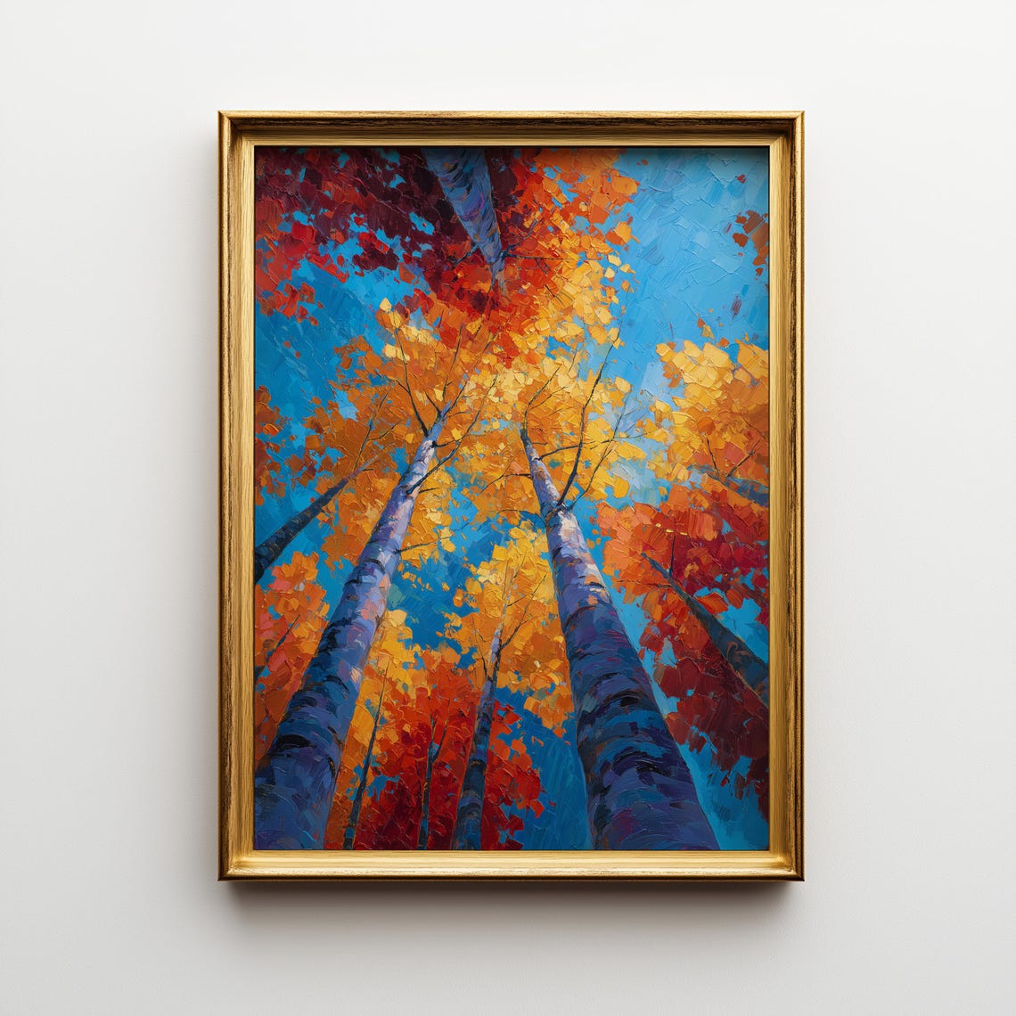Autumn Birch Trees From Below Blue Sky Golden Leaves Nature Art Poster