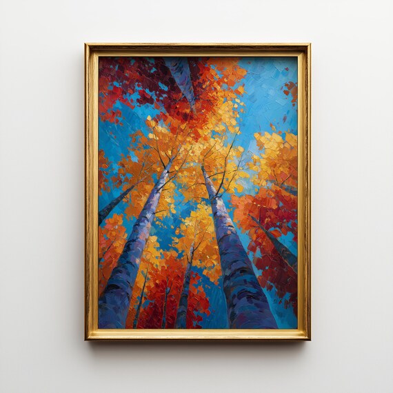 Autumn Trees Art Print Vibrant Fall Foliage Rustic Skyward Scene 527
