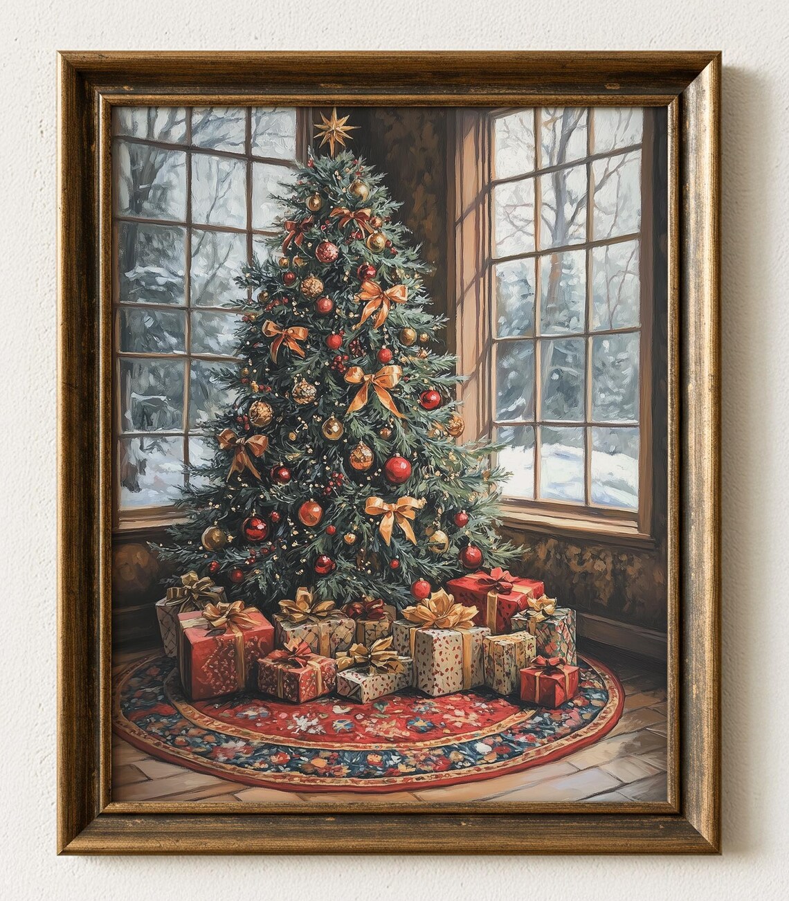 Vintage Christmas Tree Painting, Winter Window Scene