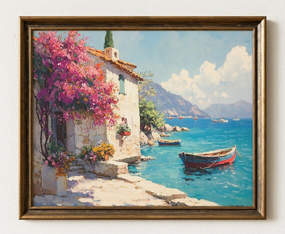 Mediterranean Seaside Cottage Art Print Coastal Village Seascape 995