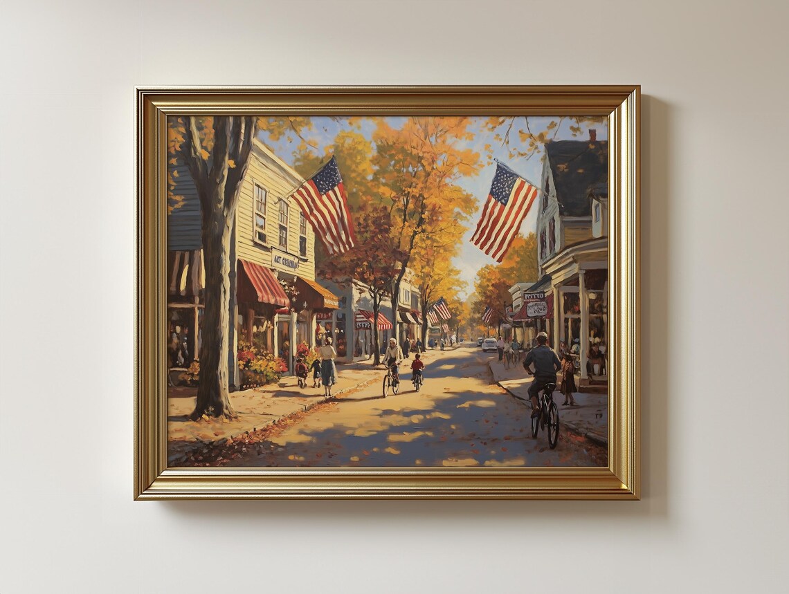 Autumn Main Street Scene, Rustic Small Town Flags Art Print