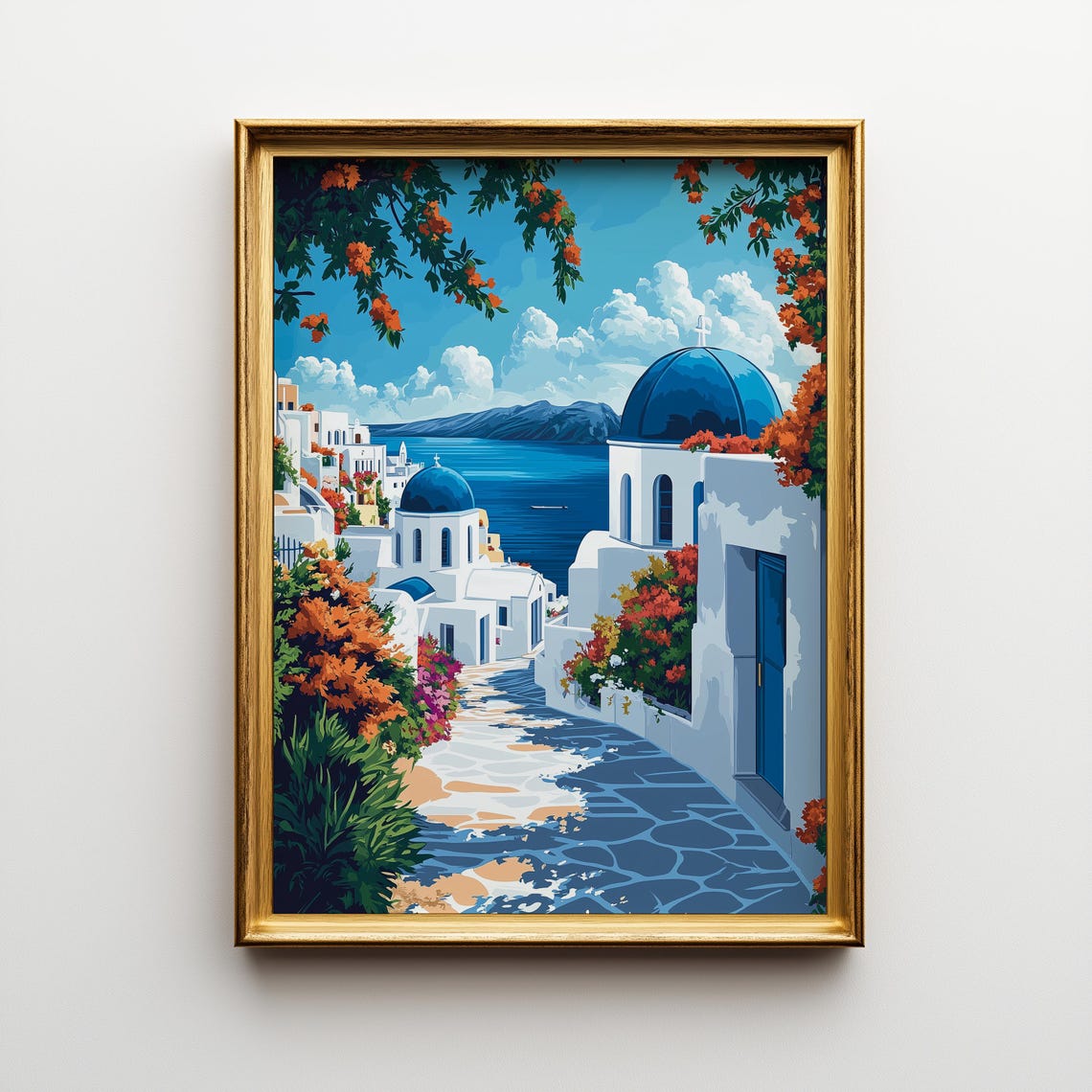 Santorini Greece Blue Domes Art Deco Mediterranean Island Poster