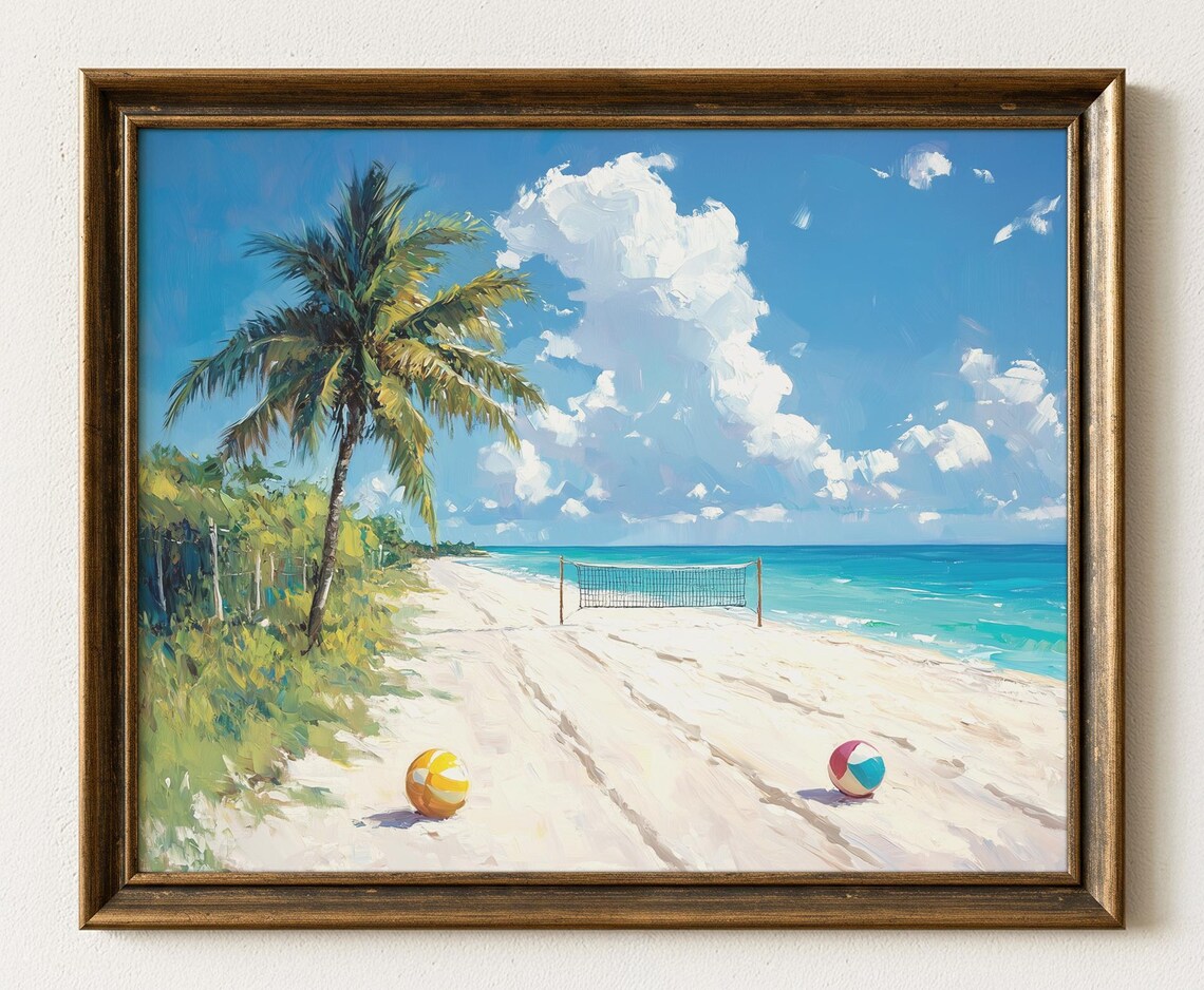 Tropical Beach With Palm Tree, Summer Coastal Art