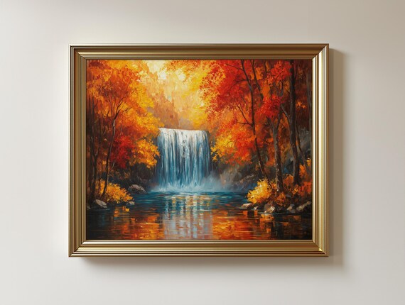 Autumn Forest Waterfall Print Rustic Fall Landscape Painting 88