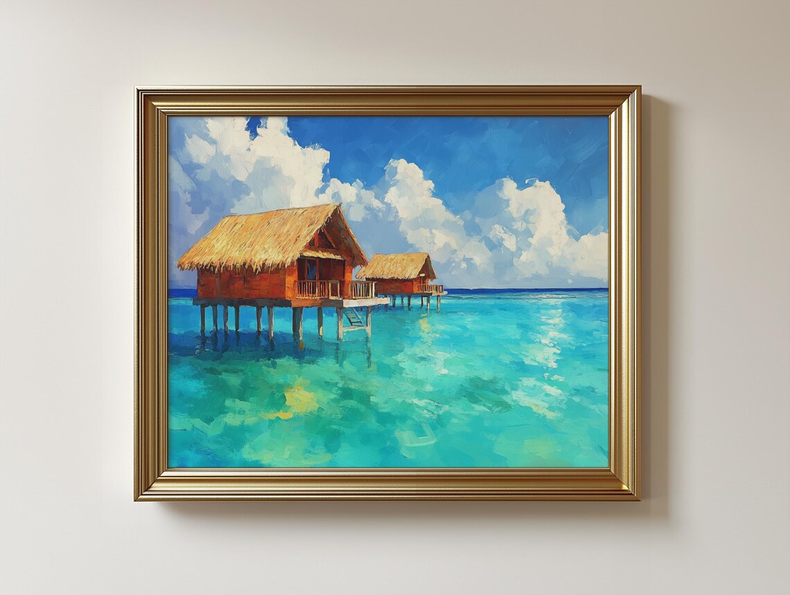 Tropical Overwater Huts Painting, Island Paradise