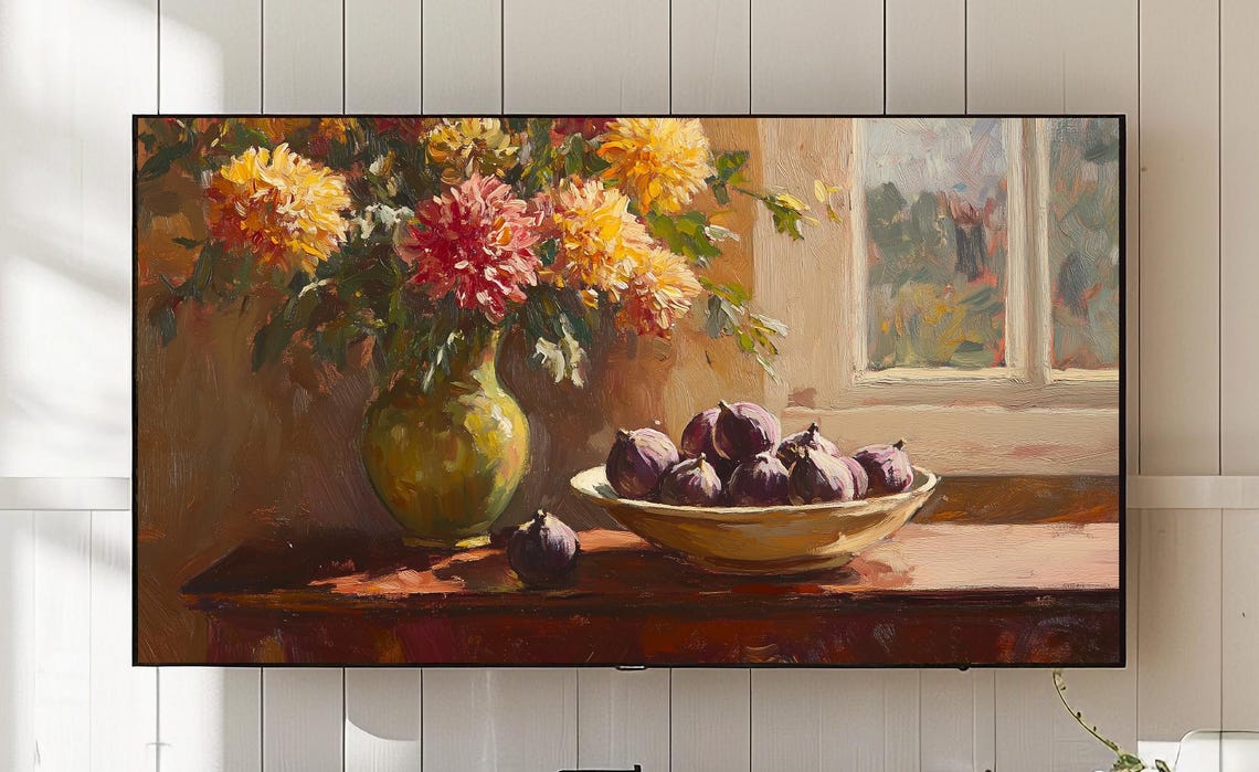Dahlia Flowers Figs Bowl Window Sunlit Still Life Oil Painting Poster