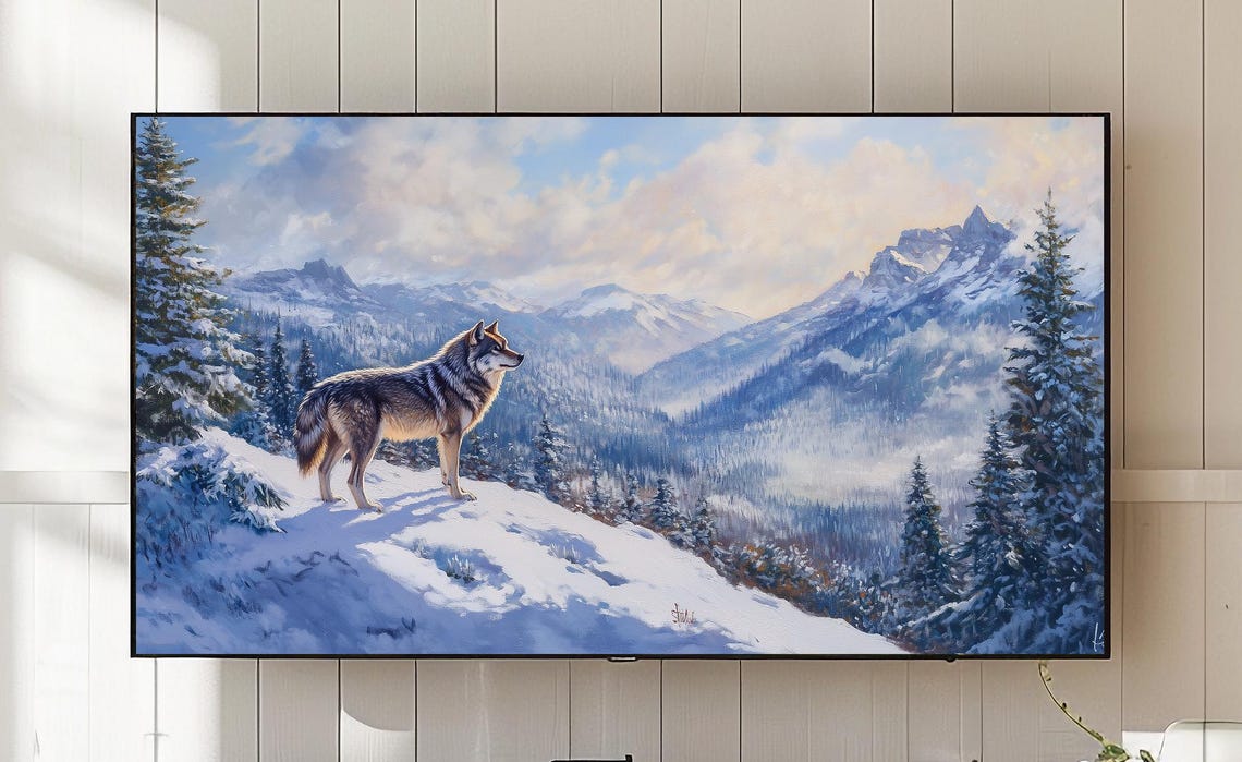 Majestic Gray Wolf Snowy Mountain Valley Landscape Painting Poster