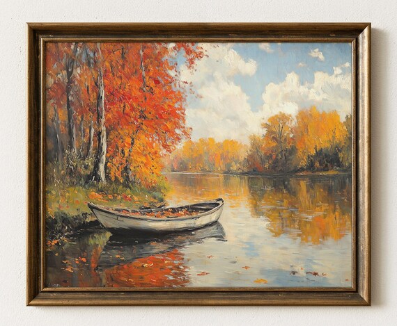 Autumn Riverbank Fisherman Scene Vintage Style Landscape Art 597