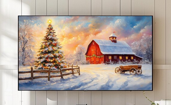 Rustic Red Barn Christmas Tree Snowy Sunset Farm Scene Poster