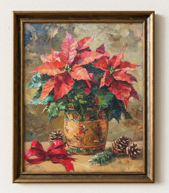 Poinsettia Christmas Oil Painting Vintage Holiday Wall Art 607